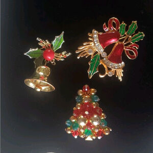 3 Christmas Brooch Pins Jingle Bells, Mistletoe, Beaded Tree Rhinestones Vintage